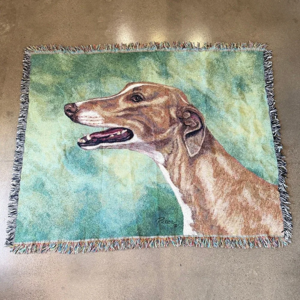 Picken Greyhound Whippet Dog Woven Tapestry Throw Blanket Fringed 47x58 Green